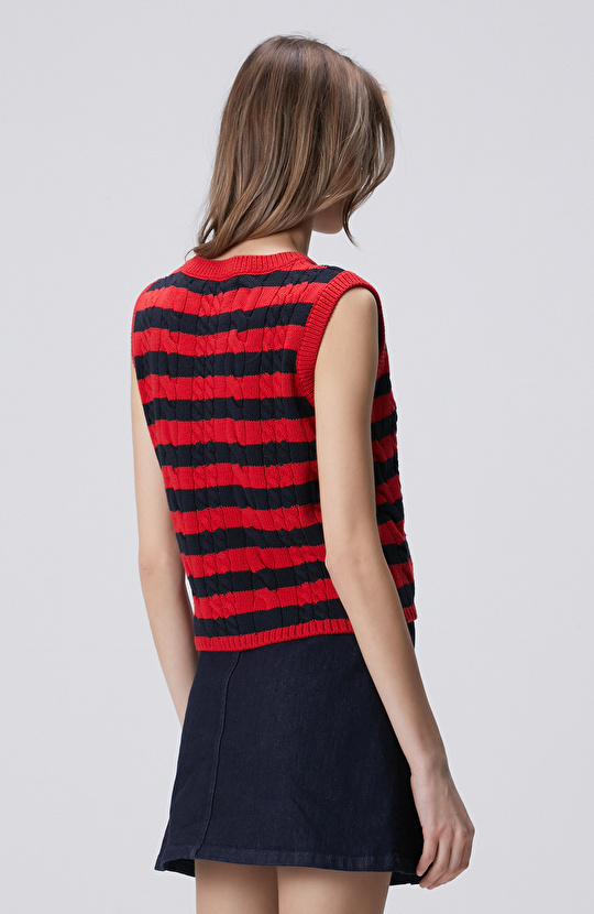 Lacivert Kırmızı Çizgili Triko Ceket