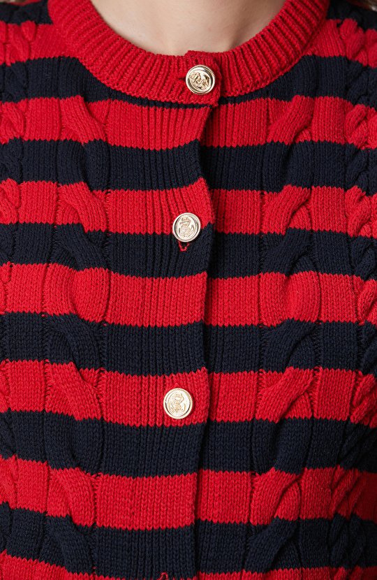 Lacivert Kırmızı Çizgili Triko Ceket