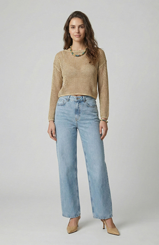 Bej Ajurlu Simli Triko Kazak