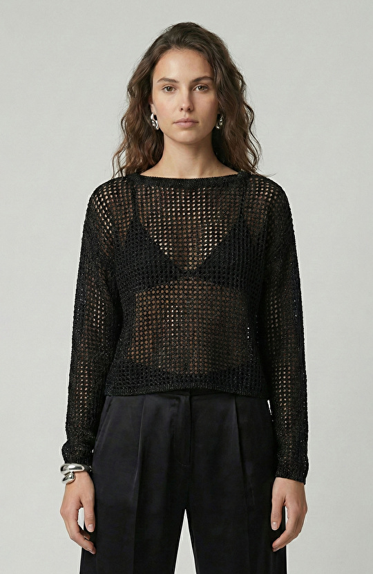 Siyah Ajurlu Simli Triko Kazak