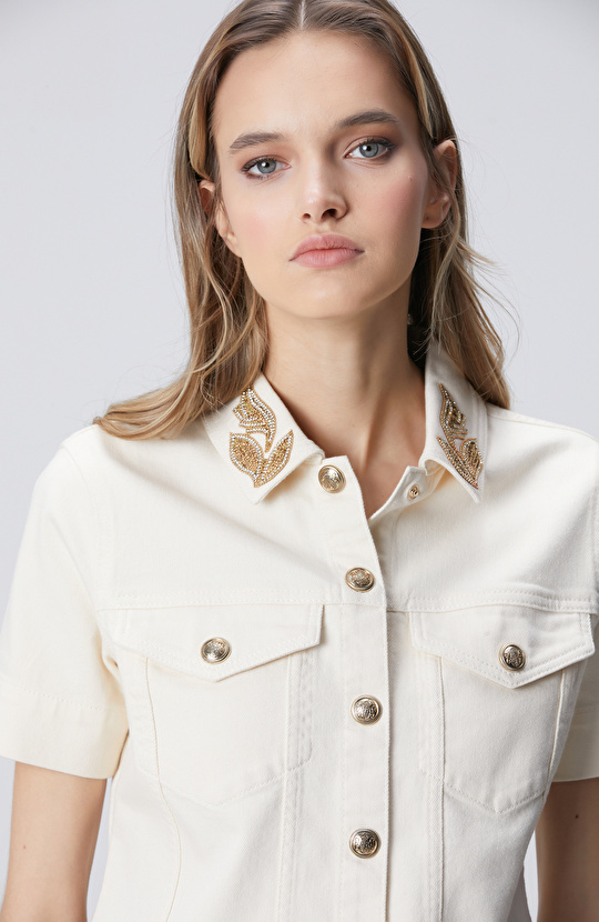 Naturel Yaka Taş Detaylı Denim Mont