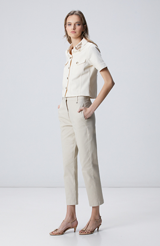 Naturel Yaka Taş Detaylı Denim Mont