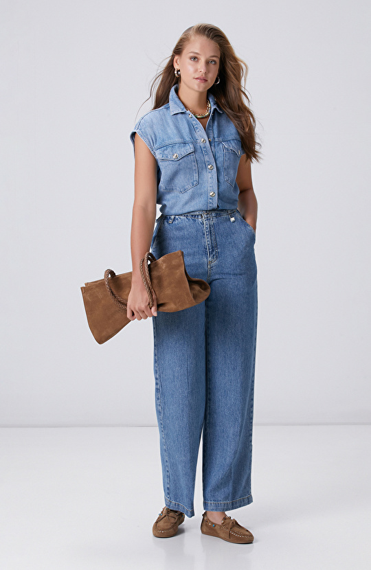 İndigo Mavi Wide Straight Tencel Denim Pantolon