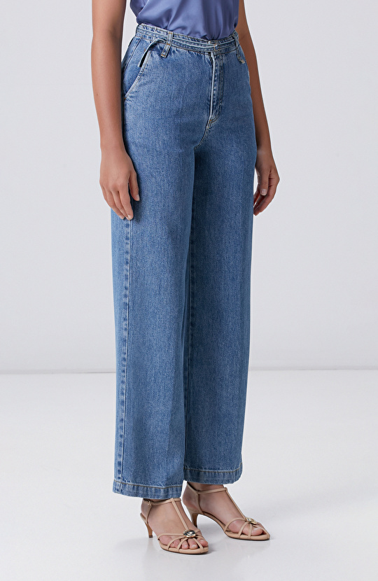 İndigo Mavi Wide Straight Tencel Denim Pantolon