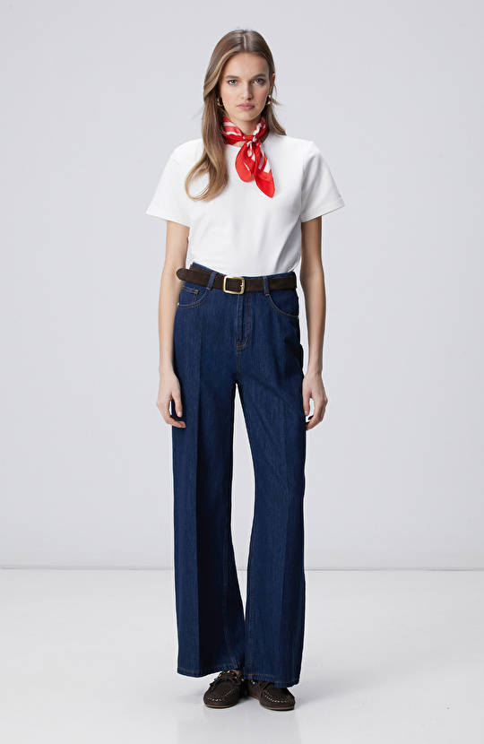 Lacivert Wide Leg Denim Pantolon