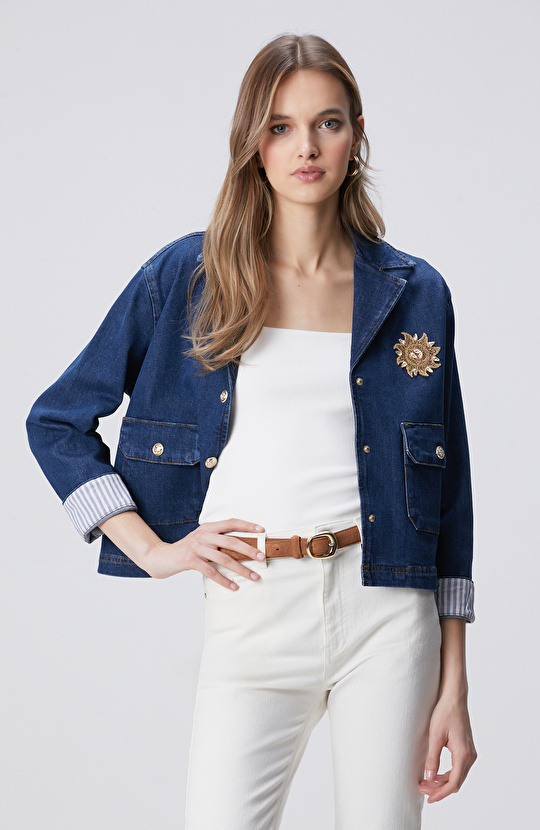 Koyu Mavi İndigo Çıtçıt Kapatma Denim Ceket
