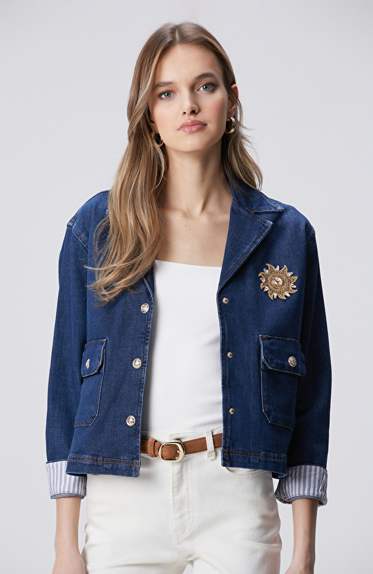 Koyu Mavi İndigo Çıtçıt Kapatma Denim Ceket