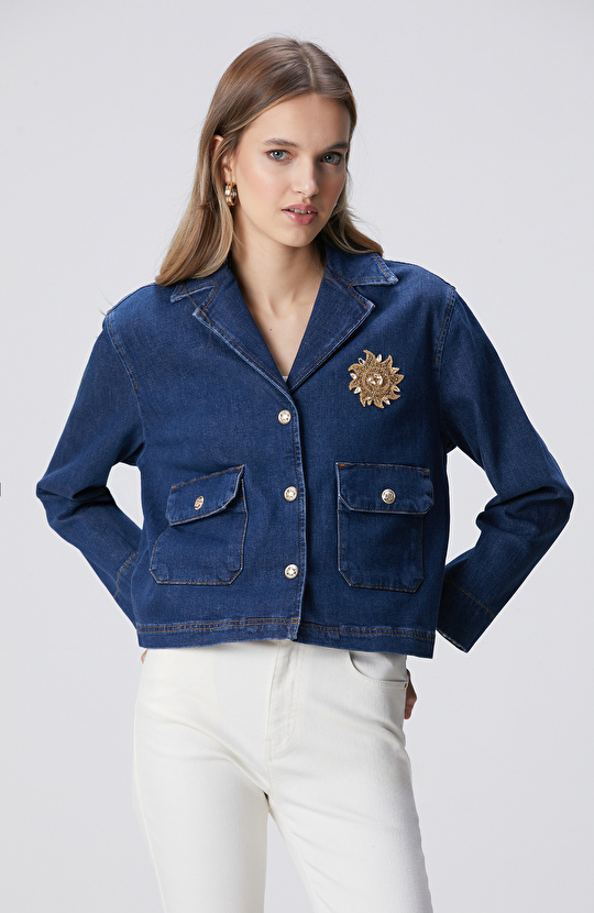 Koyu Mavi İndigo Çıtçıt Kapatma Denim Ceket