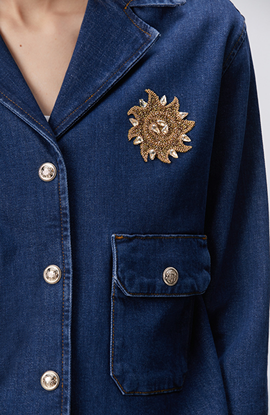 Koyu Mavi İndigo Çıtçıt Kapatma Denim Ceket
