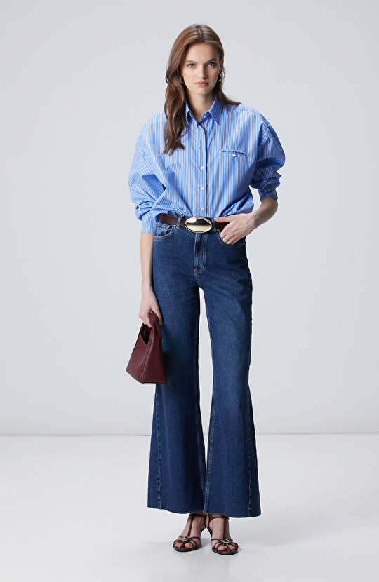 İndigo Geniş Paça Detaylı Denim Pantolon