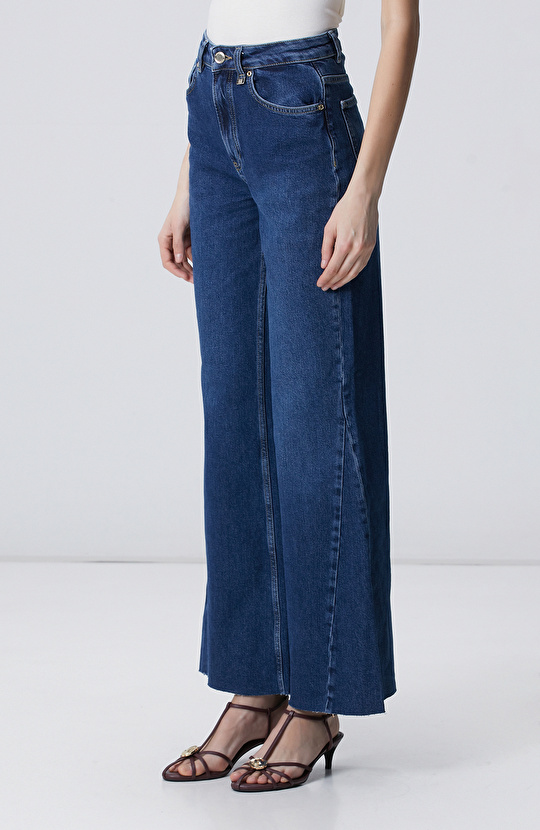 İndigo Geniş Paça Detaylı Denim Pantolon