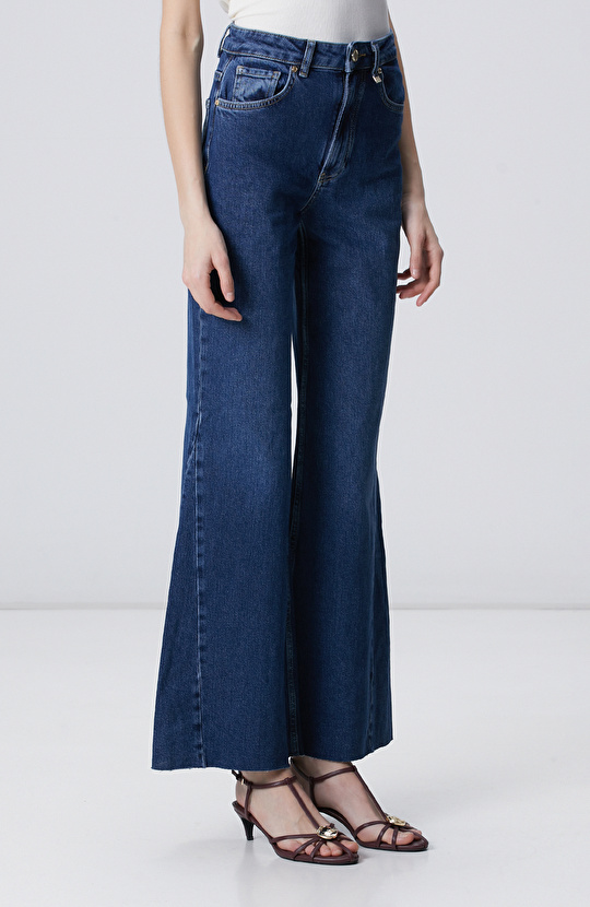 İndigo Geniş Paça Detaylı Denim Pantolon