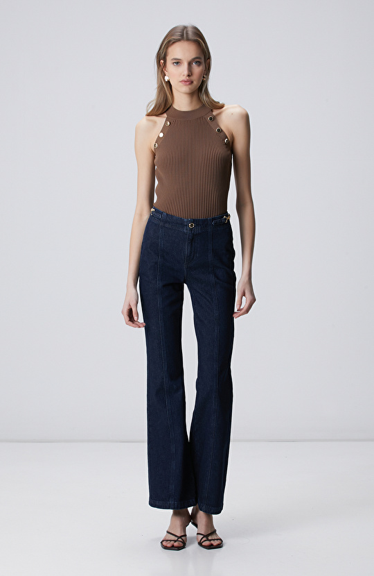 Lacivert Bel Aksesuar Detaylı Flare Denim Pantolon