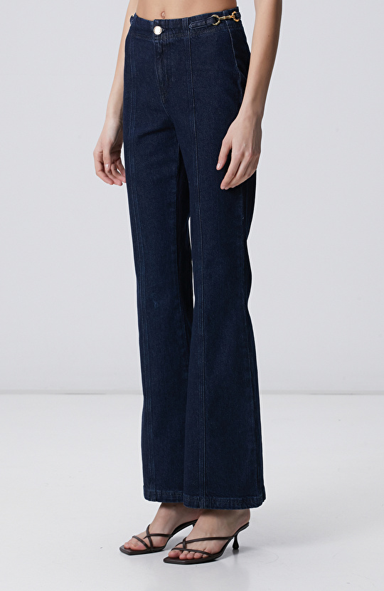 Lacivert Bel Aksesuar Detaylı Flare Denim Pantolon