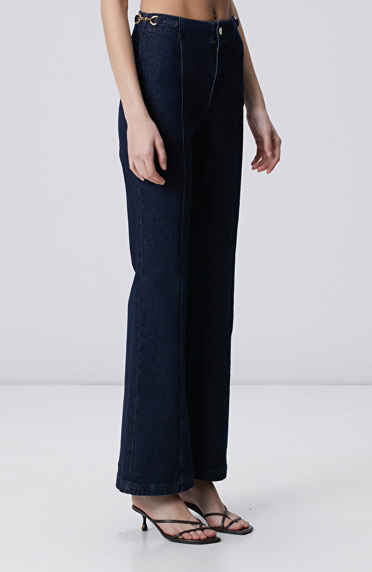 Lacivert Bel Aksesuar Detaylı Flare Denim Pantolon