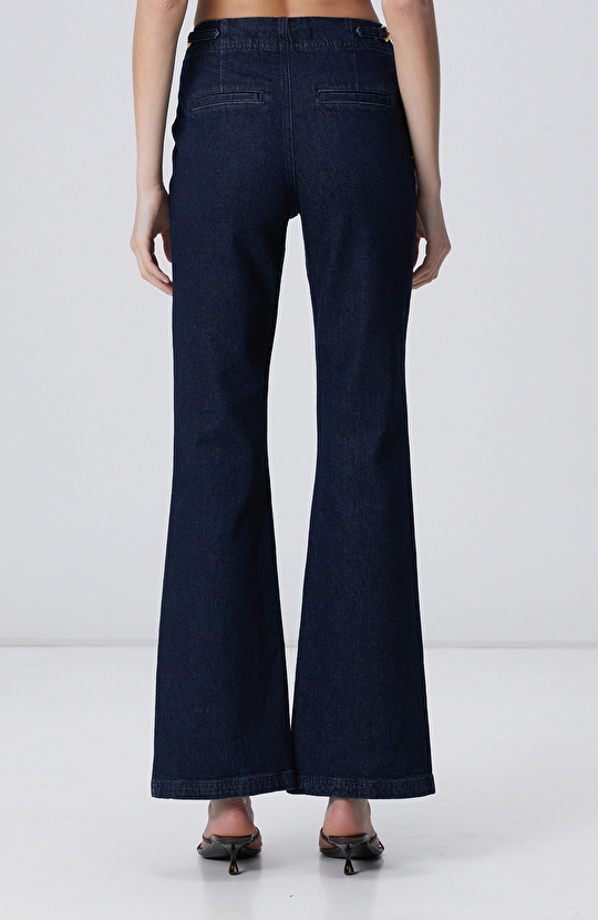 Lacivert Bel Aksesuar Detaylı Flare Denim Pantolon