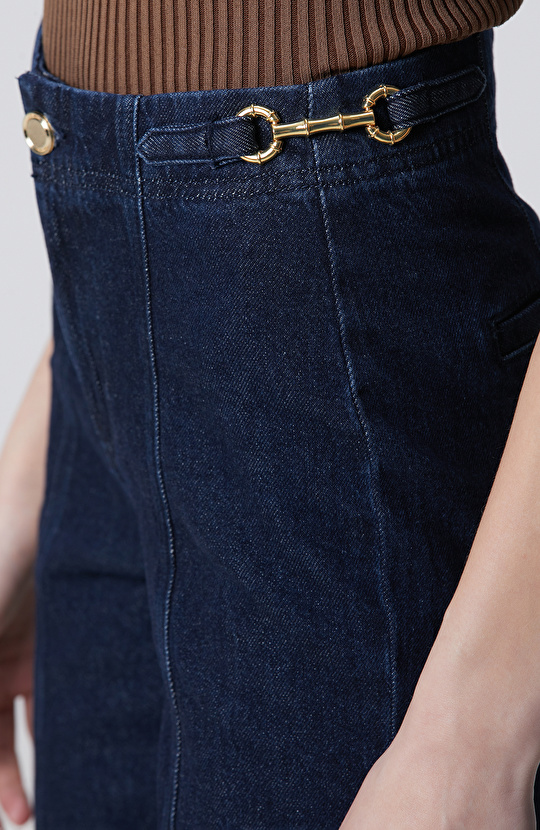 Lacivert Bel Aksesuar Detaylı Flare Denim Pantolon