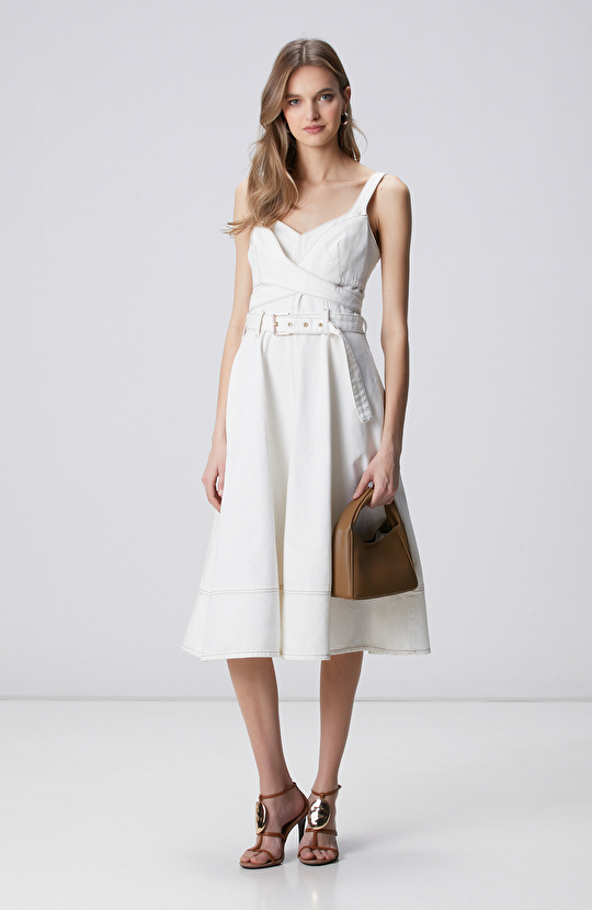 Kırık Beyaz Dikiş Detaylı Midi Denim Elbise