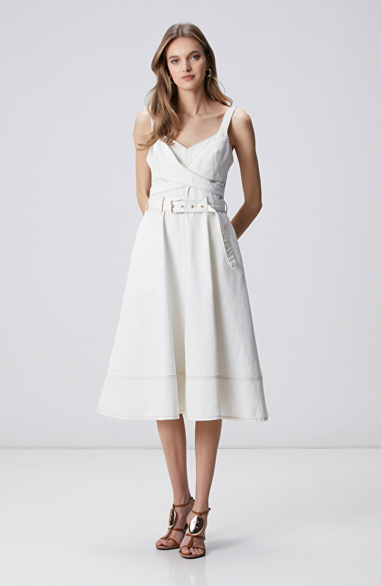 Kırık Beyaz Dikiş Detaylı Midi Denim Elbise