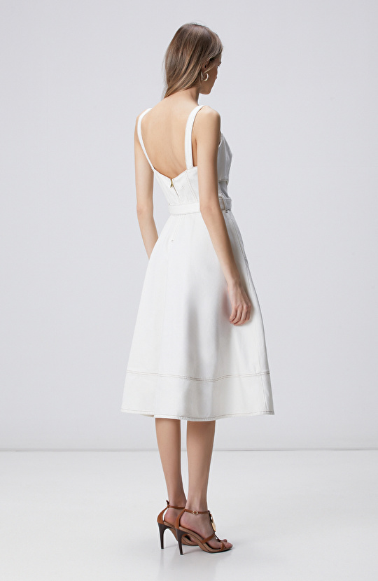 Kırık Beyaz Dikiş Detaylı Midi Denim Elbise