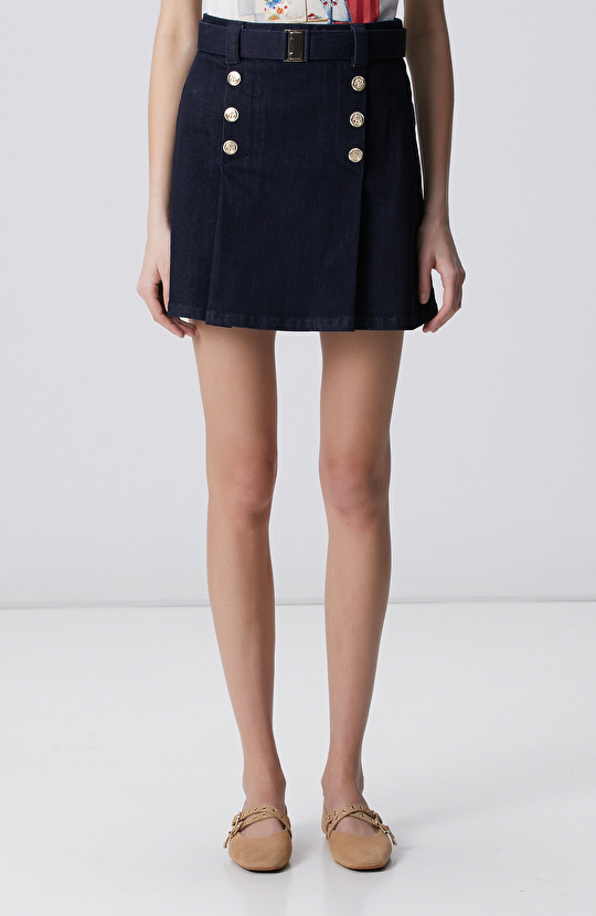 Koyu Indigo Mavi Kemer Detaylı Denim Etek