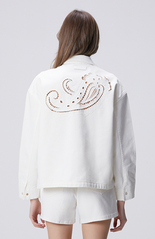 Kırık Beyaz Nakışlı Taşlı Denim Gömlek