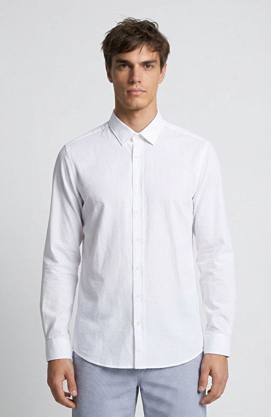 Beyaz Çizgili Gofreli Gömlek