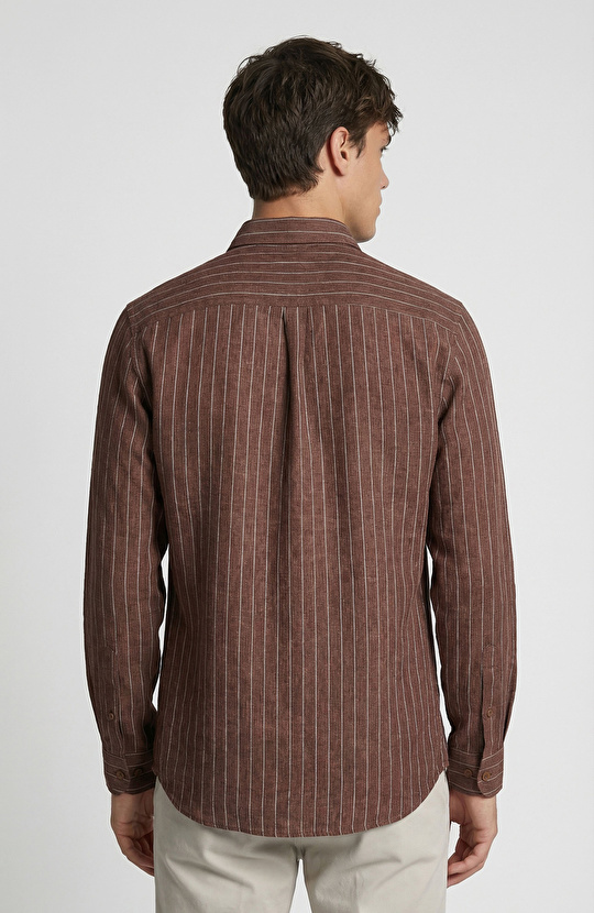 Kahverengi Çizgi Desenli Comfort Keten Gömlek