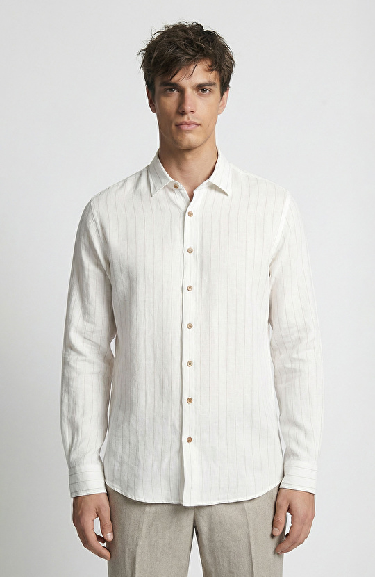 Kırık Beyaz Çizgi Desenli Keten Gömlek