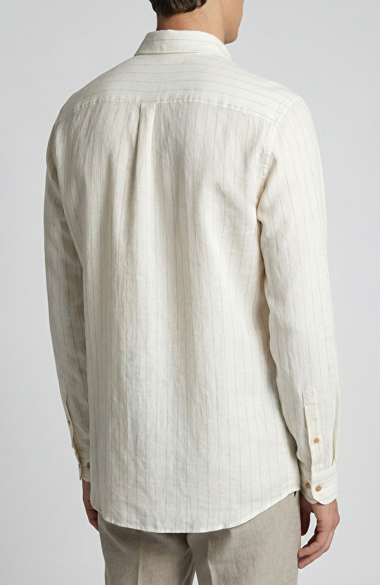 Kırık Beyaz Çizgi Desenli Keten Gömlek