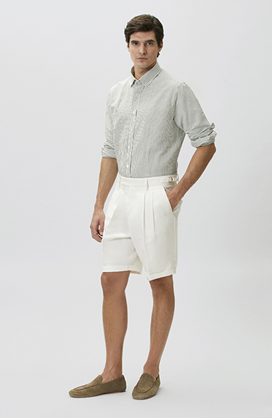 Yeşil Keten Karışımlı Gofreli Çizgili Gömlek