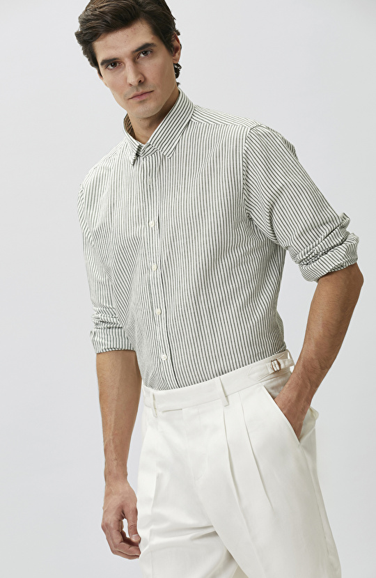 Yeşil Keten Karışımlı Gofreli Çizgili Gömlek