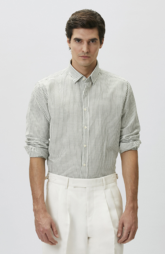 Yeşil Keten Karışımlı Gofreli Çizgili Gömlek