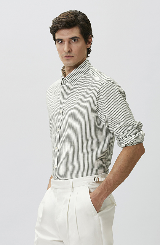 Yeşil Keten Karışımlı Gofreli Çizgili Gömlek