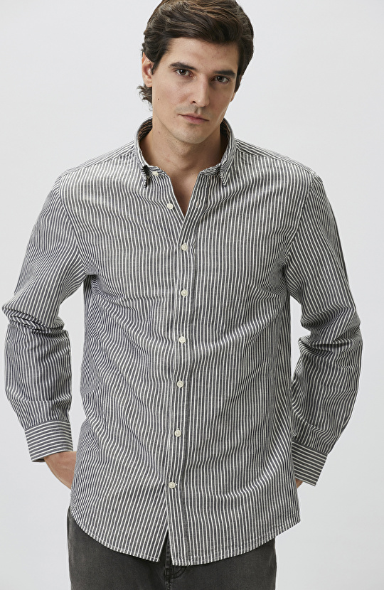 Lacivert Keten Karışımlı Gofreli Çizgili Gömlek