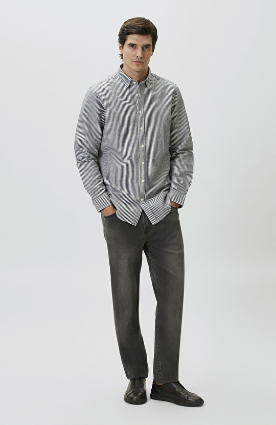 Lacivert Keten Karışımlı Gofreli Çizgili Gömlek