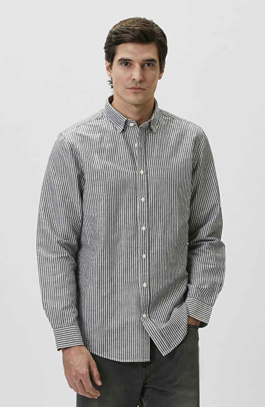 Lacivert Keten Karışımlı Gofreli Çizgili Gömlek