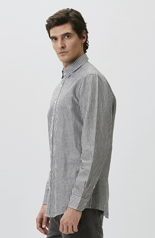 Lacivert Keten Karışımlı Gofreli Çizgili Gömlek