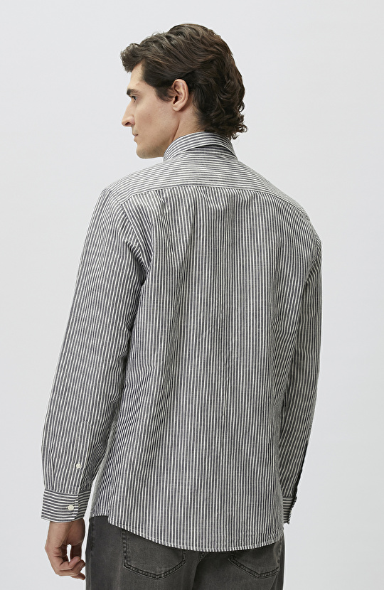 Lacivert Keten Karışımlı Gofreli Çizgili Gömlek