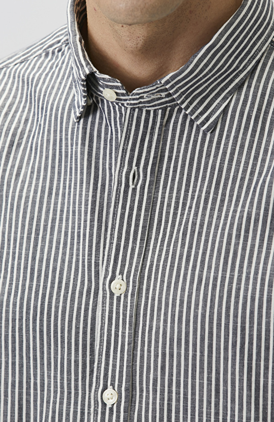 Lacivert Keten Karışımlı Gofreli Çizgili Gömlek