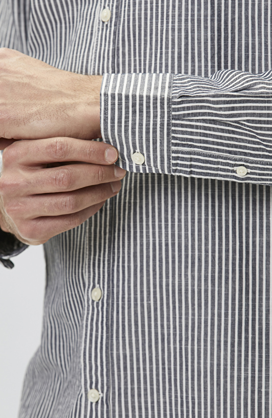 Lacivert Keten Karışımlı Gofreli Çizgili Gömlek