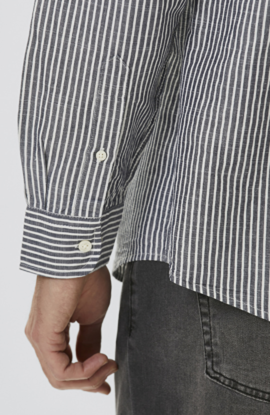 Lacivert Keten Karışımlı Gofreli Çizgili Gömlek