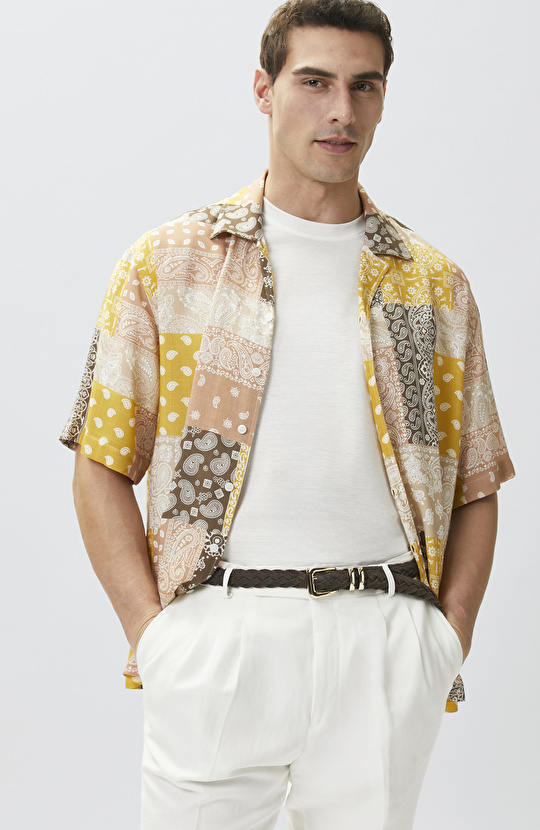 Relaxed Fit Safran Şal Desen Baskılı Gömlek