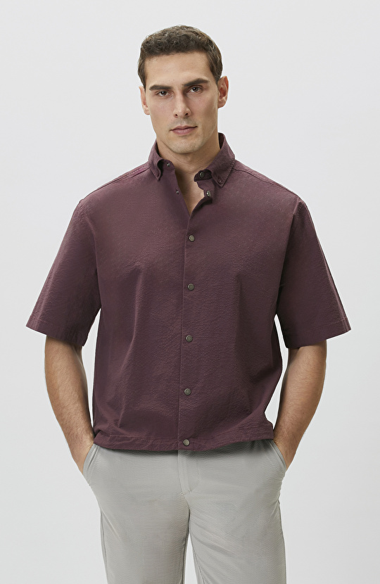Relaxed Fit Bordo Etek Ucu Lastikli Gofreli Gömlek