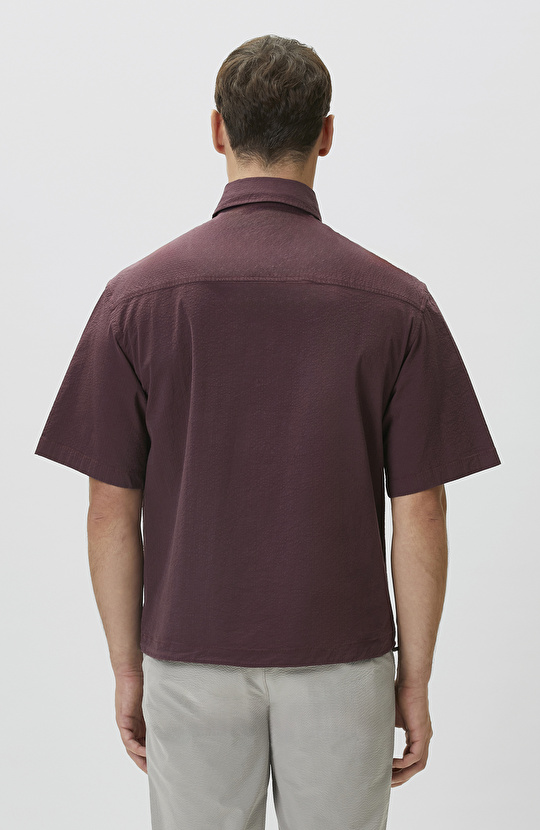 Relaxed Fit Bordo Etek Ucu Lastikli Gofreli Gömlek