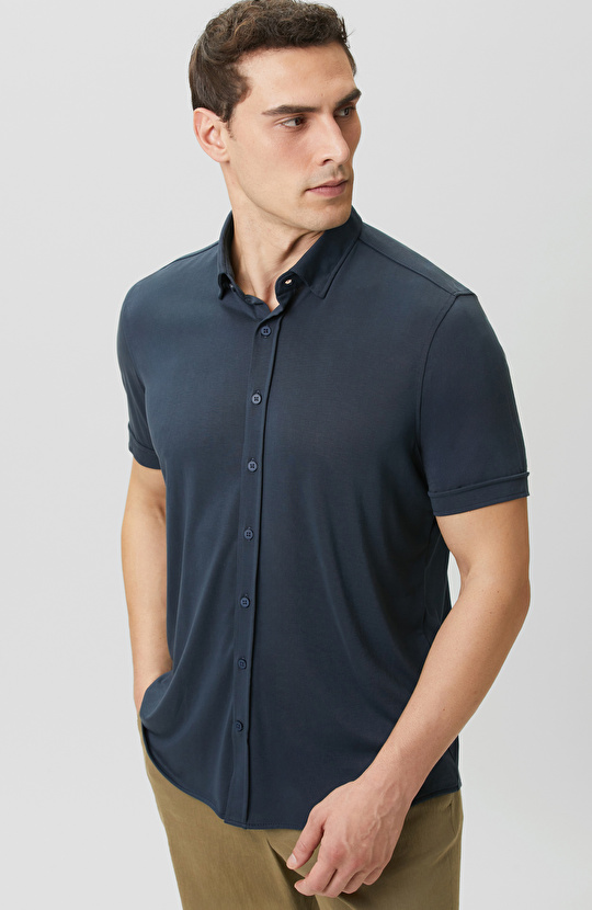 Lacivert Kısa Kol Comfort Örme Gömlek