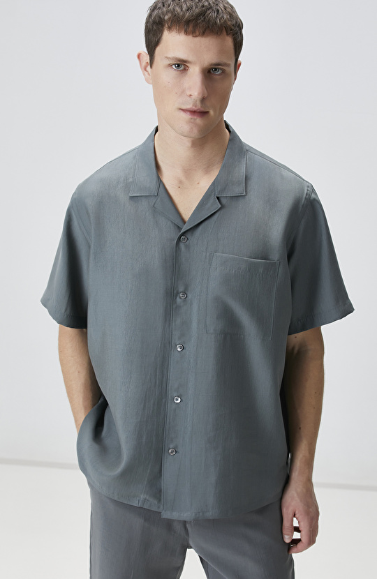 Petrol Lyocell Kısa Kollu Gömlek