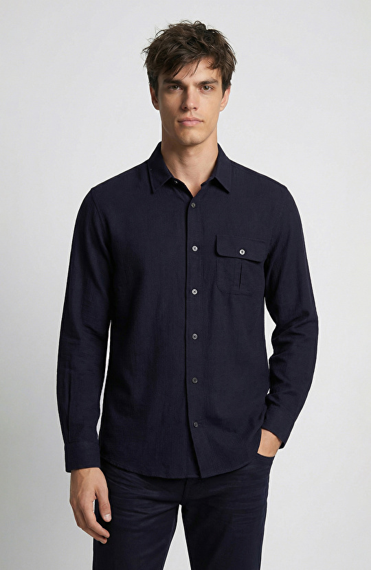 Comfort Fit Navy Blue Jacquard Shirt