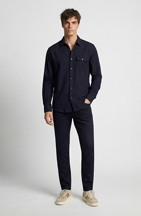 Comfort Fit Navy Blue Jacquard Shirt