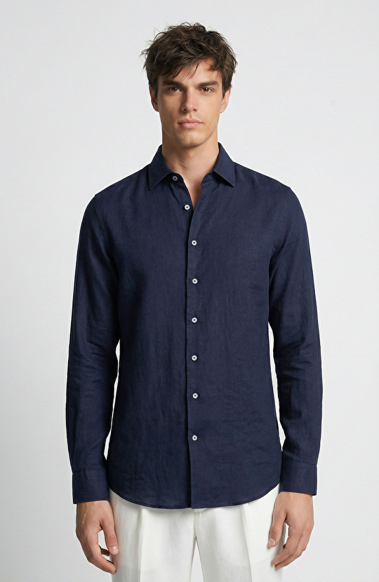 Navy Blue Linen Shirt